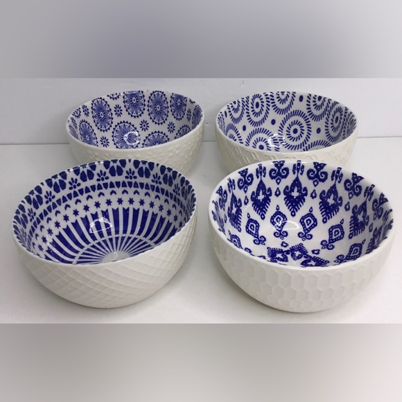 4 Signature International Shibori Tie Dye Cereal Bowls Blue White 5” - Picture 2 of 9
